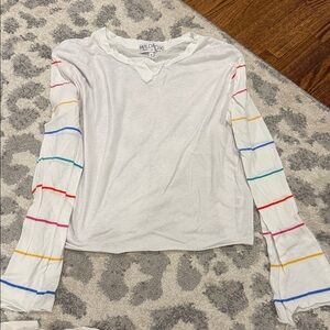 Wildfox White Top with Multicolor Striped Sleeves